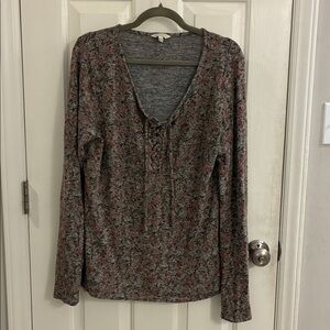 Lucky Brand Jeans gray floral lace-up ultra soft sweater, XL